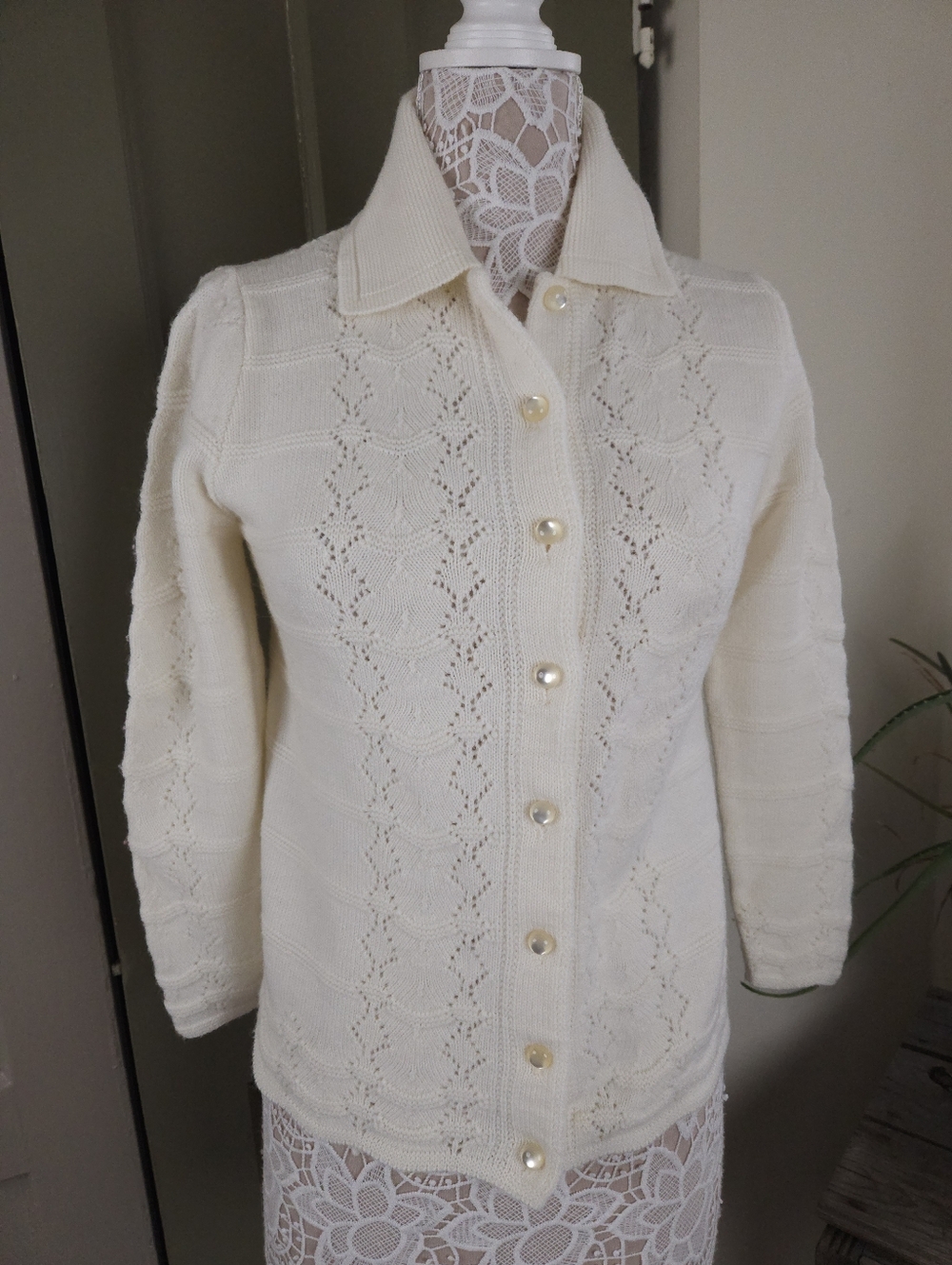 Wintuk Duet Vintage Ivory Pointelle Knit Button-Down Cardigan Sweater S